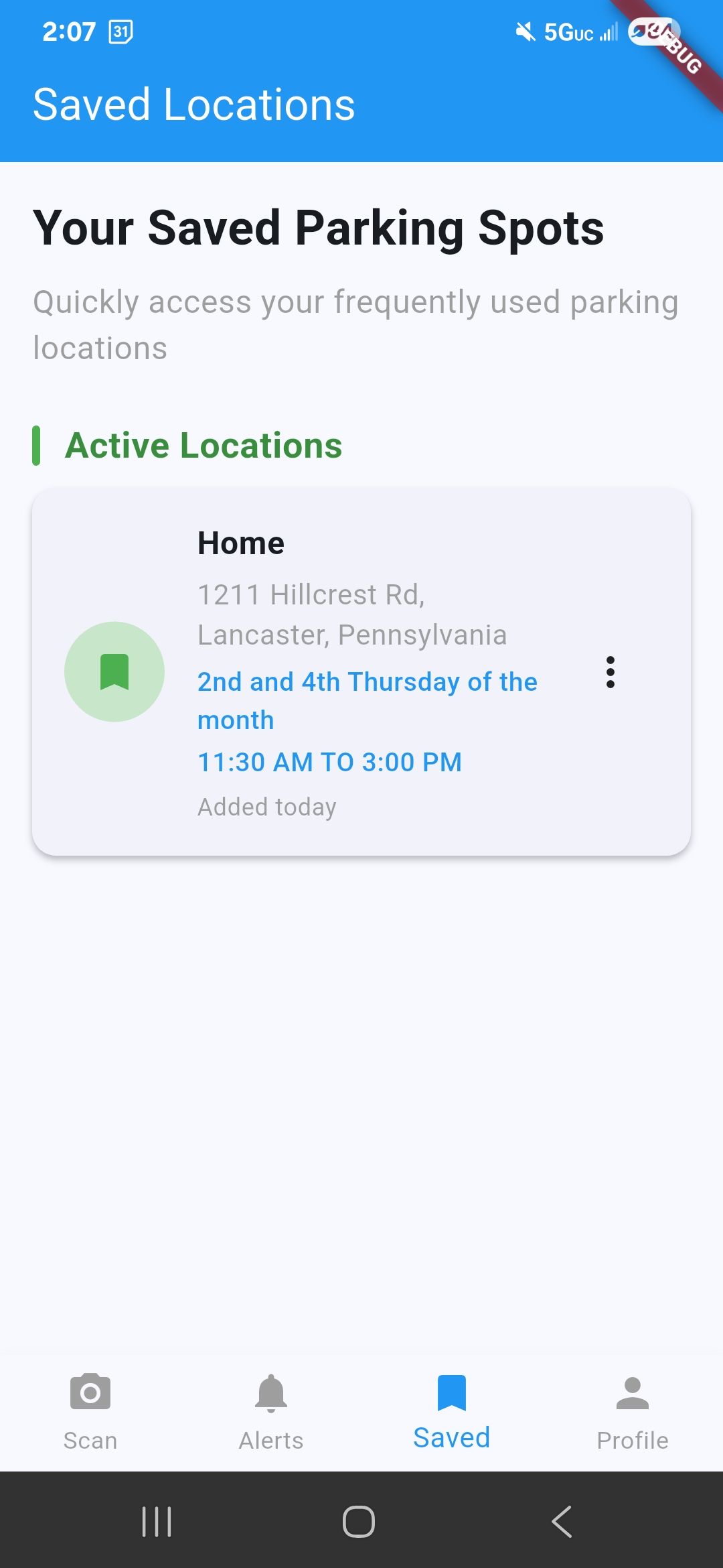 Beat the Sweep saved parking locations screen