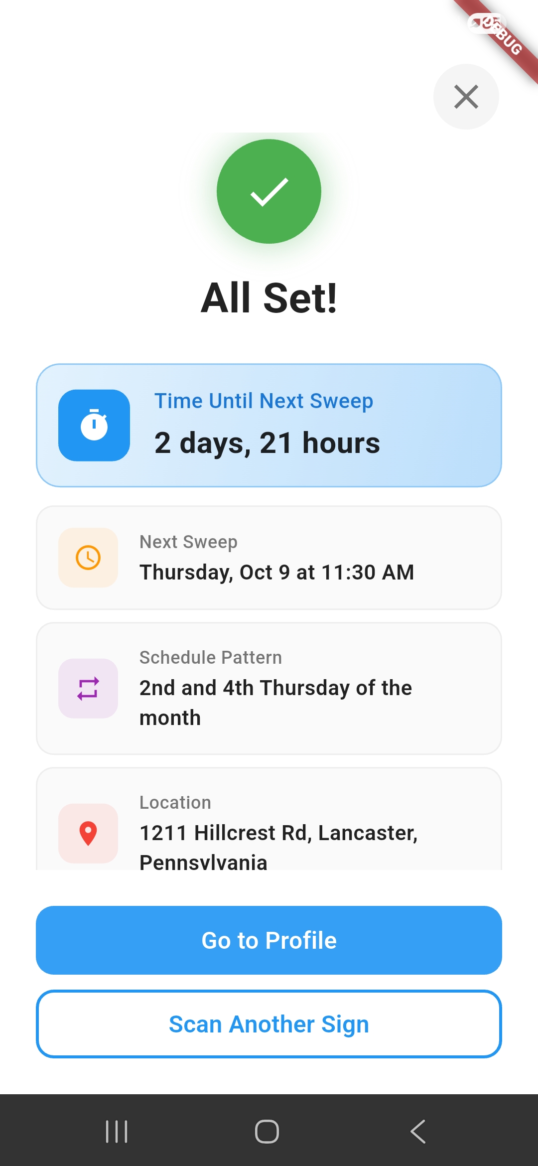 Beat the Sweep confirmation screen showing next sweep date